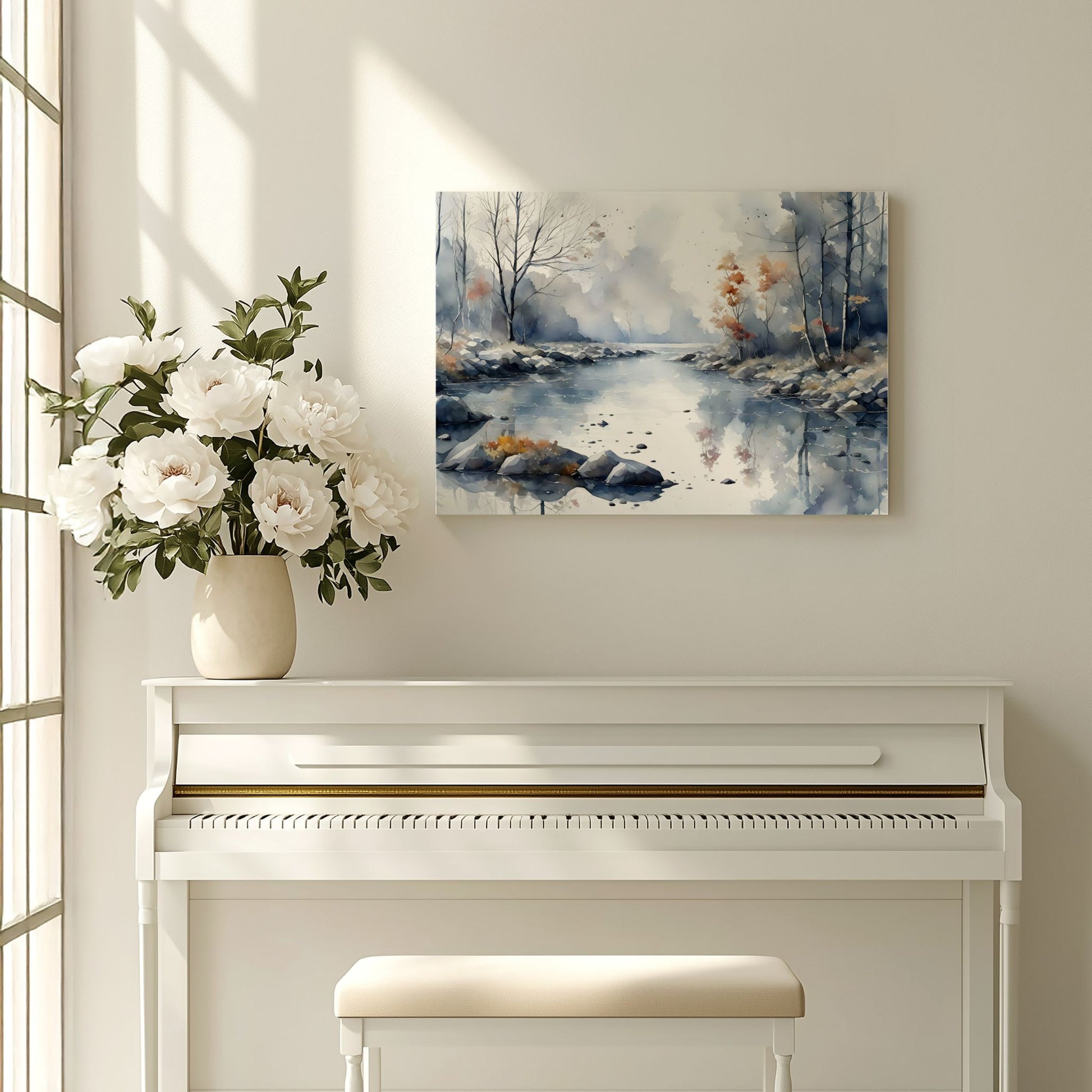 Misty River Bend lerret over piano i lyst og harmonisk interiør
