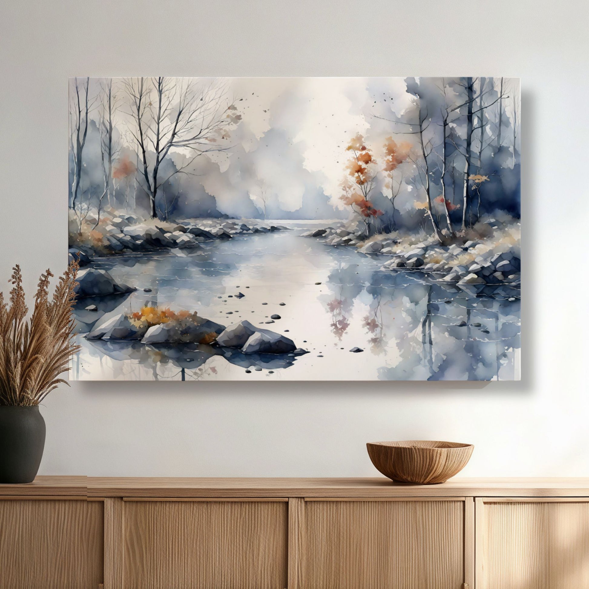 Misty River Bend lerret over skjenk i moderne nordisk interiør