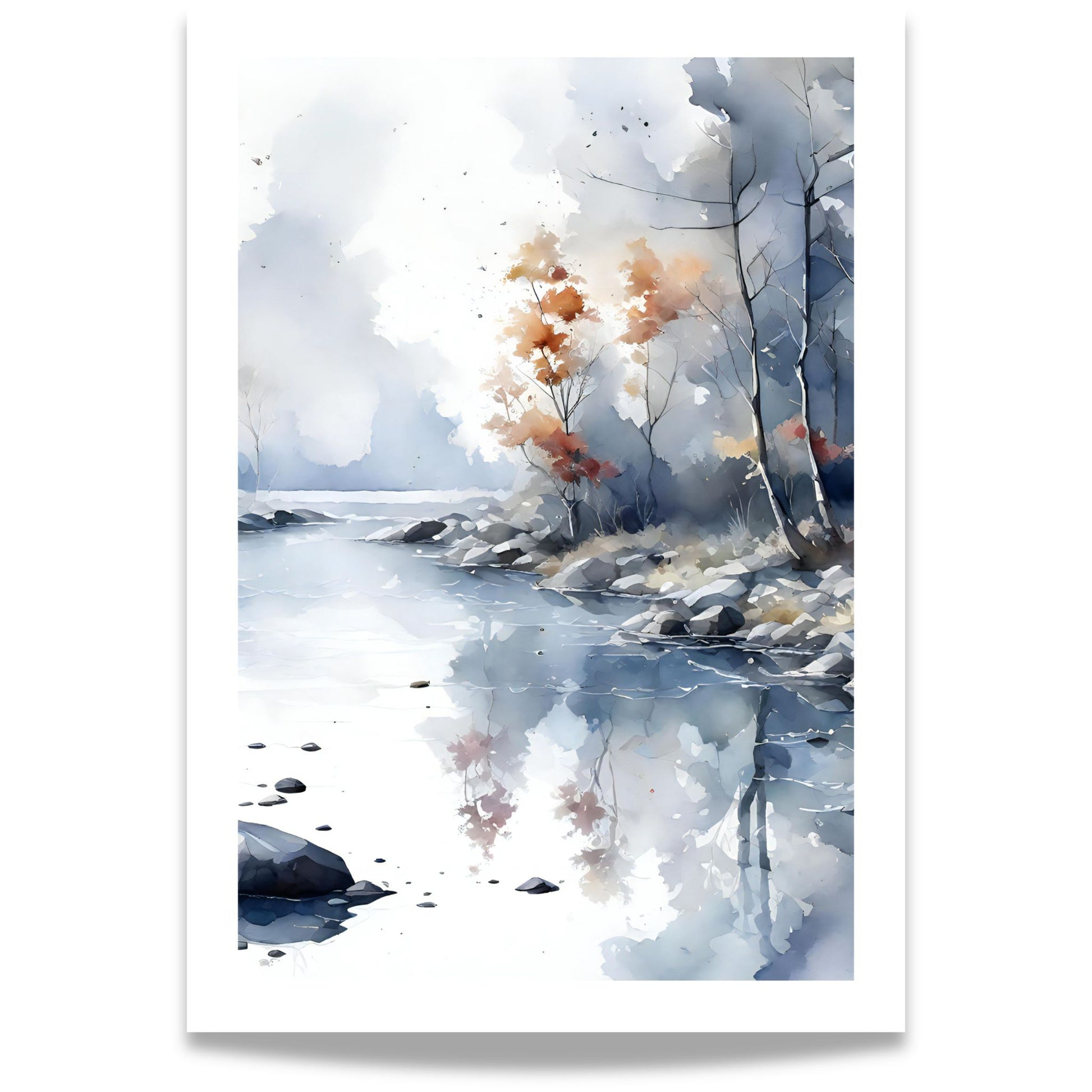 Misty River Bend vertikal plakat med akvarellmotiv av elv og disig landskap