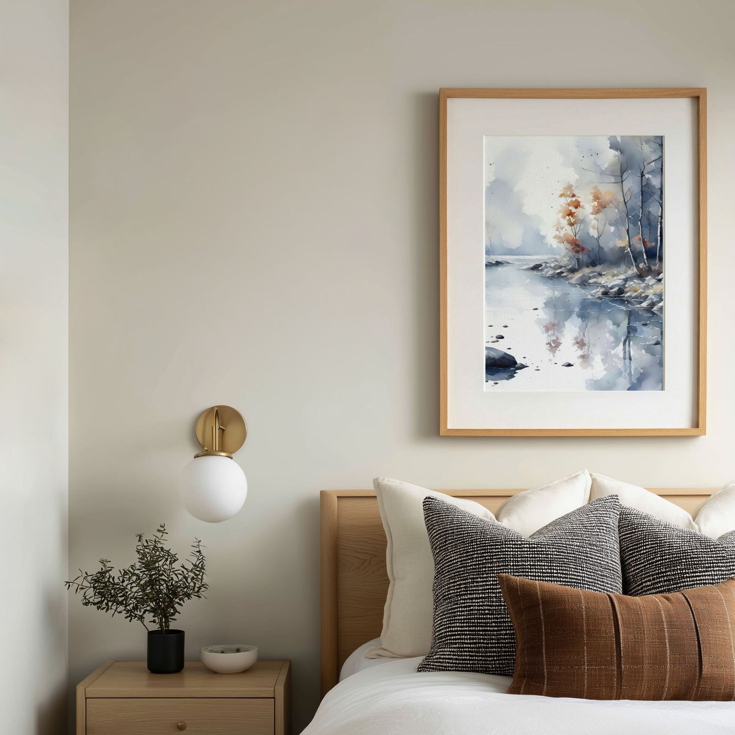 Misty River Bend vertikal plakat over seng i moderne soverom