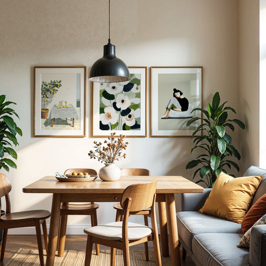 Plakatsett med tre illustrasjoner i serien Modern Gouache – Poetic Balance i passepartout, med figurativ kunst, botaniske elementer og stilleben i rolige fargetoner. 