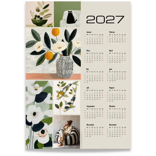Modern Gouache illustrert veggkalender 2027 med collage og årsoversikt
