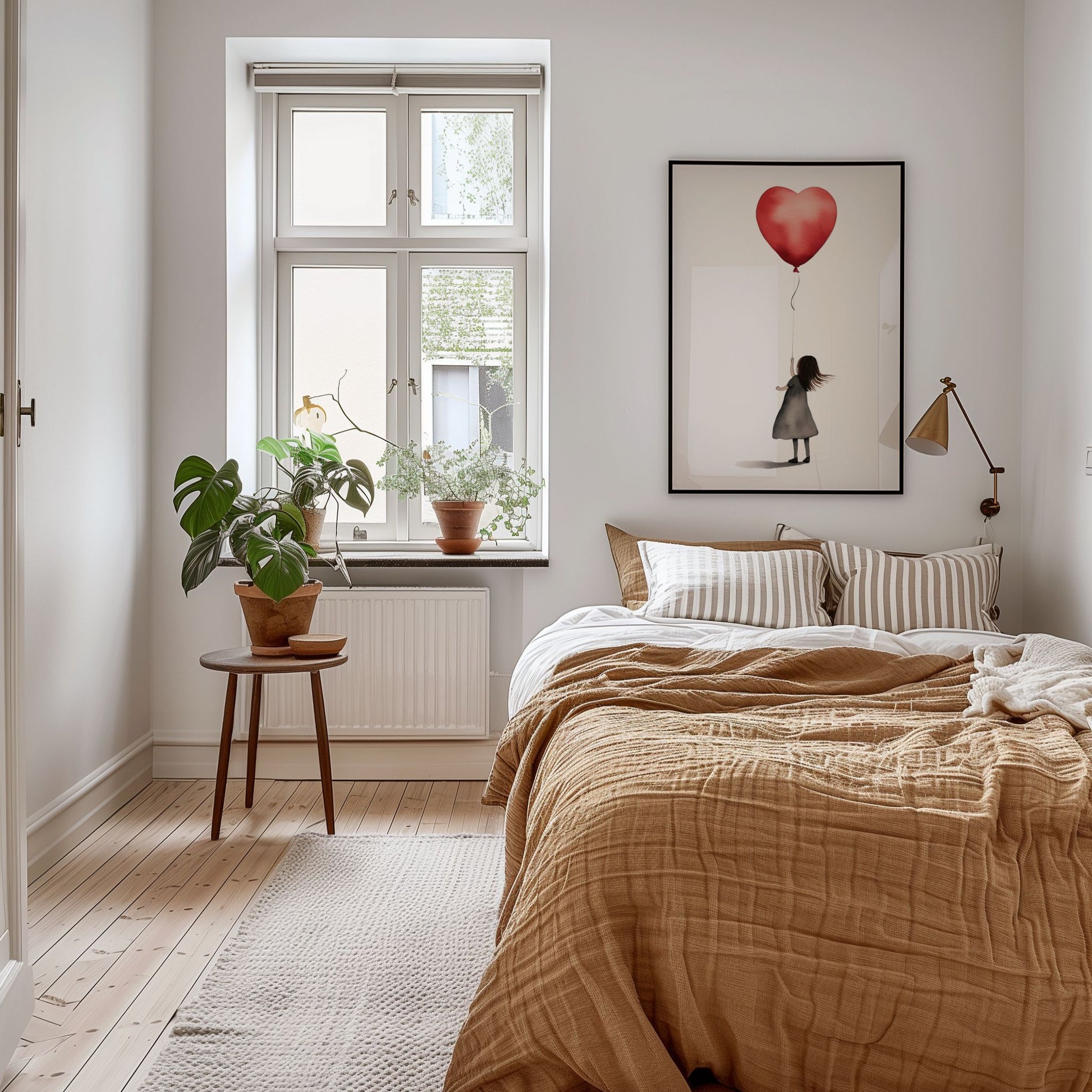 Innrammet minimalistisk plakat med jente og rød hjerteballong over seng i lyst soverom