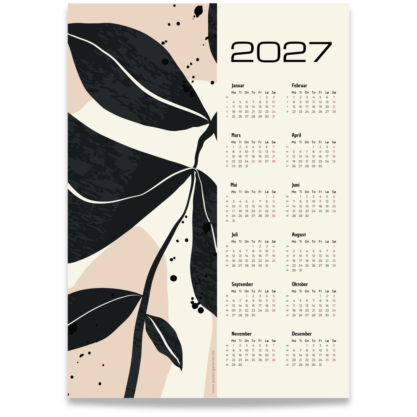 Monochrome Botanica grafisk veggkalender 2027 med sorte botaniske bladformer