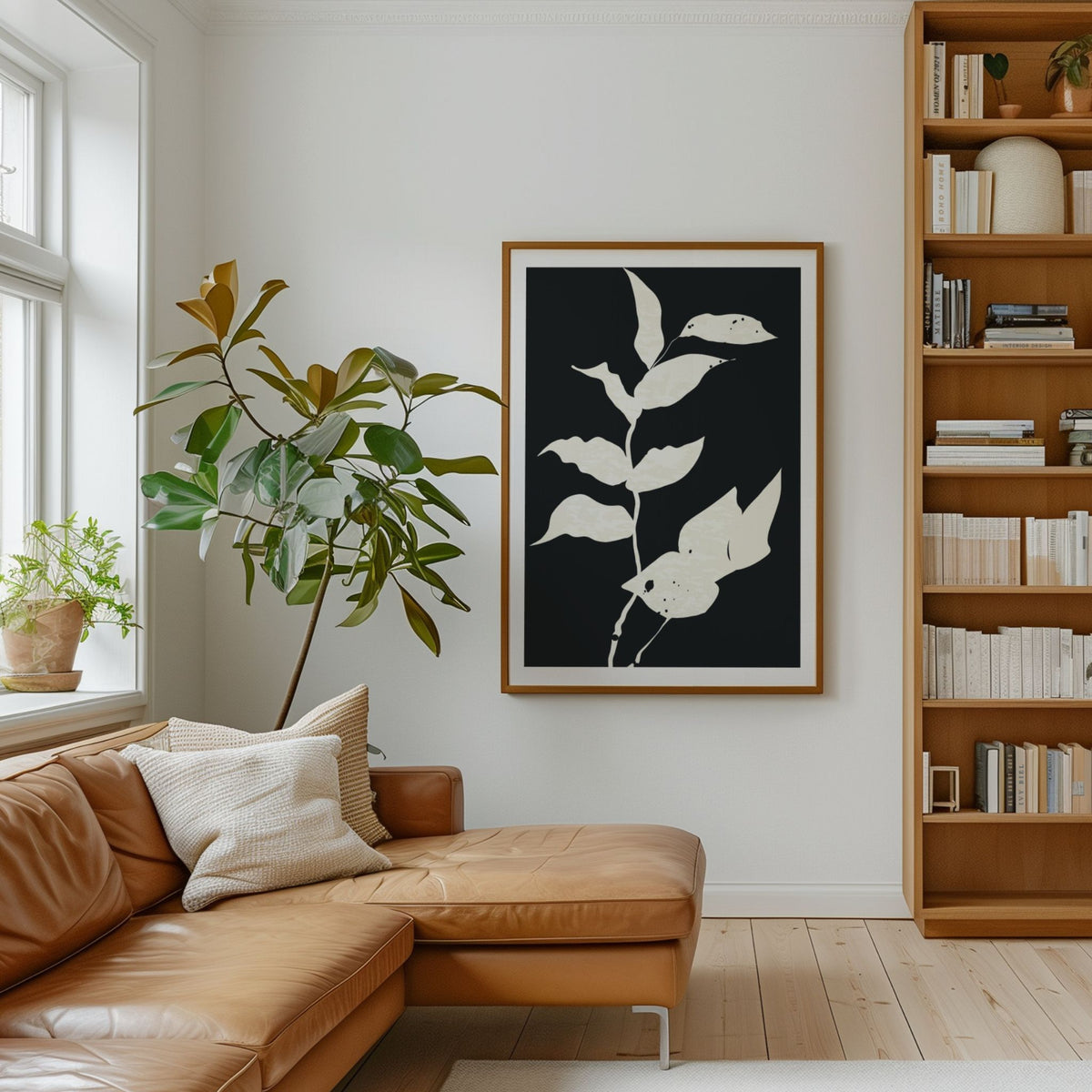 Monochrome Botanica No2 botanisk plakat i stue med cognacfarget sofa
