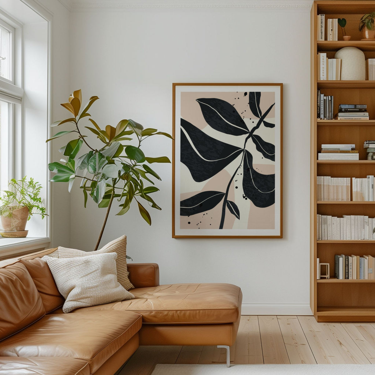 Monochrome Botanica No3 botanisk plakat i stue med cognacfarget sofa
