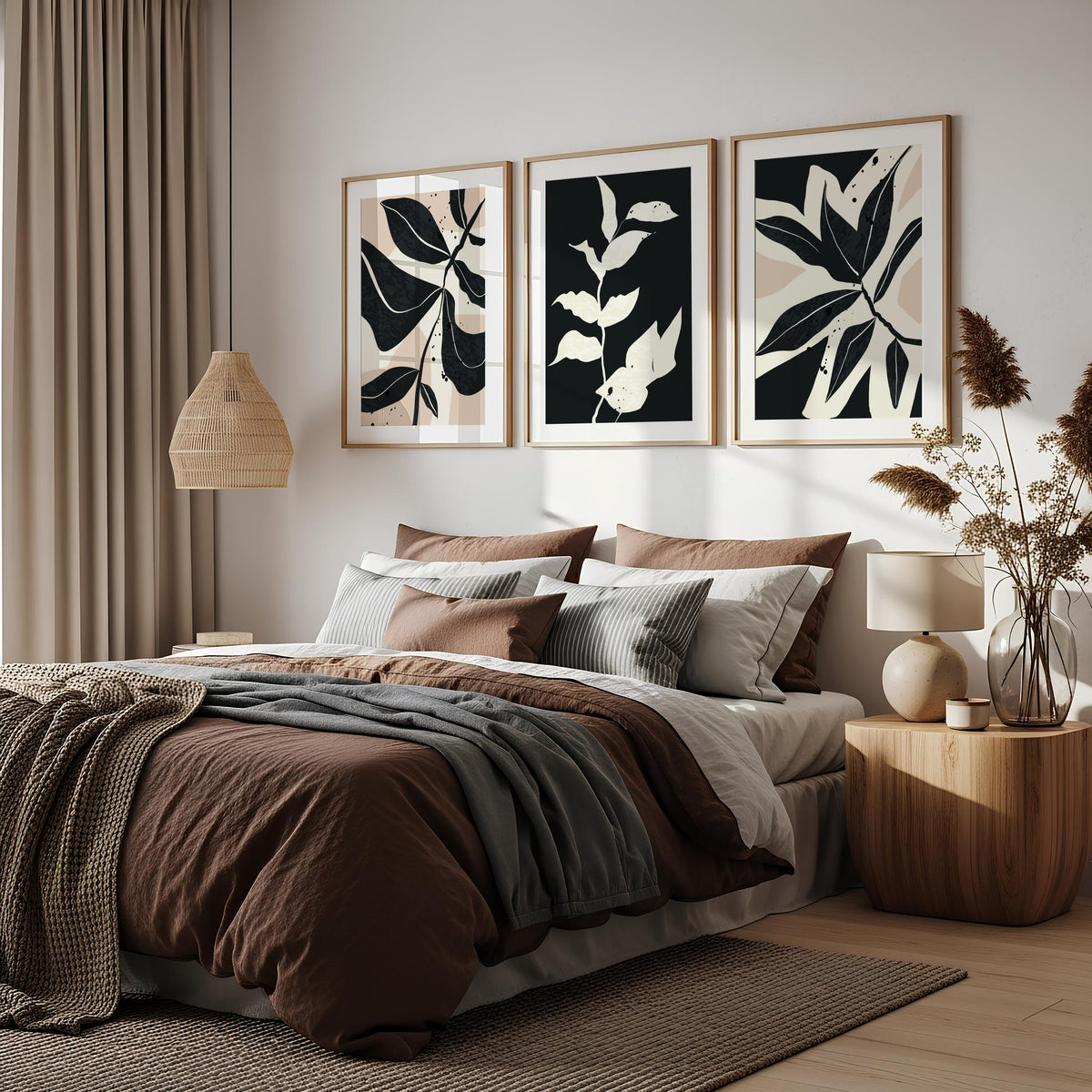 Tre Monochrome Botanica plakater i sort og beige over seng på soverom