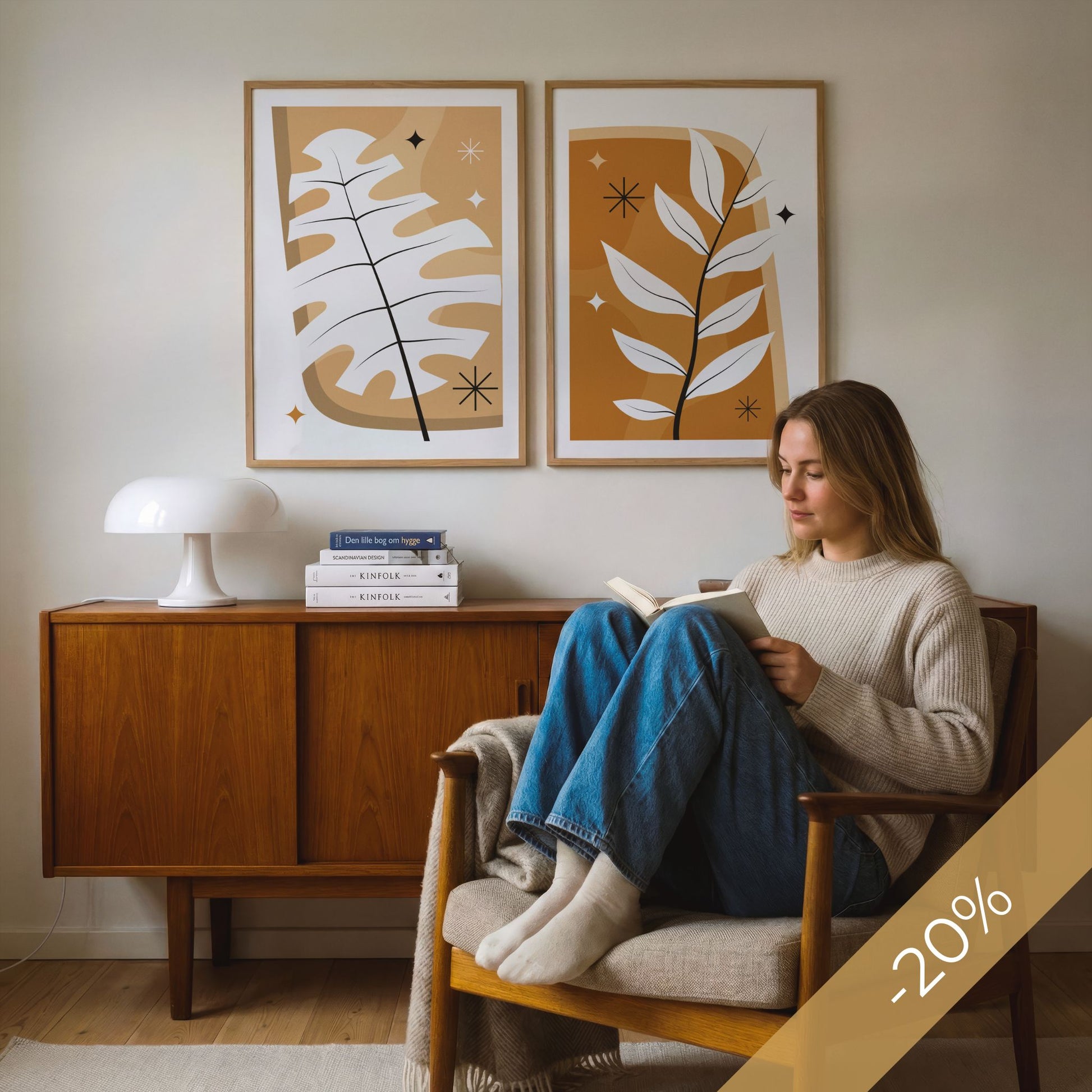 Monstera Glow og Golden Branch Boho Wall Art DUO med to botaniske plakater i varme jordtoner – 20 % rabatt