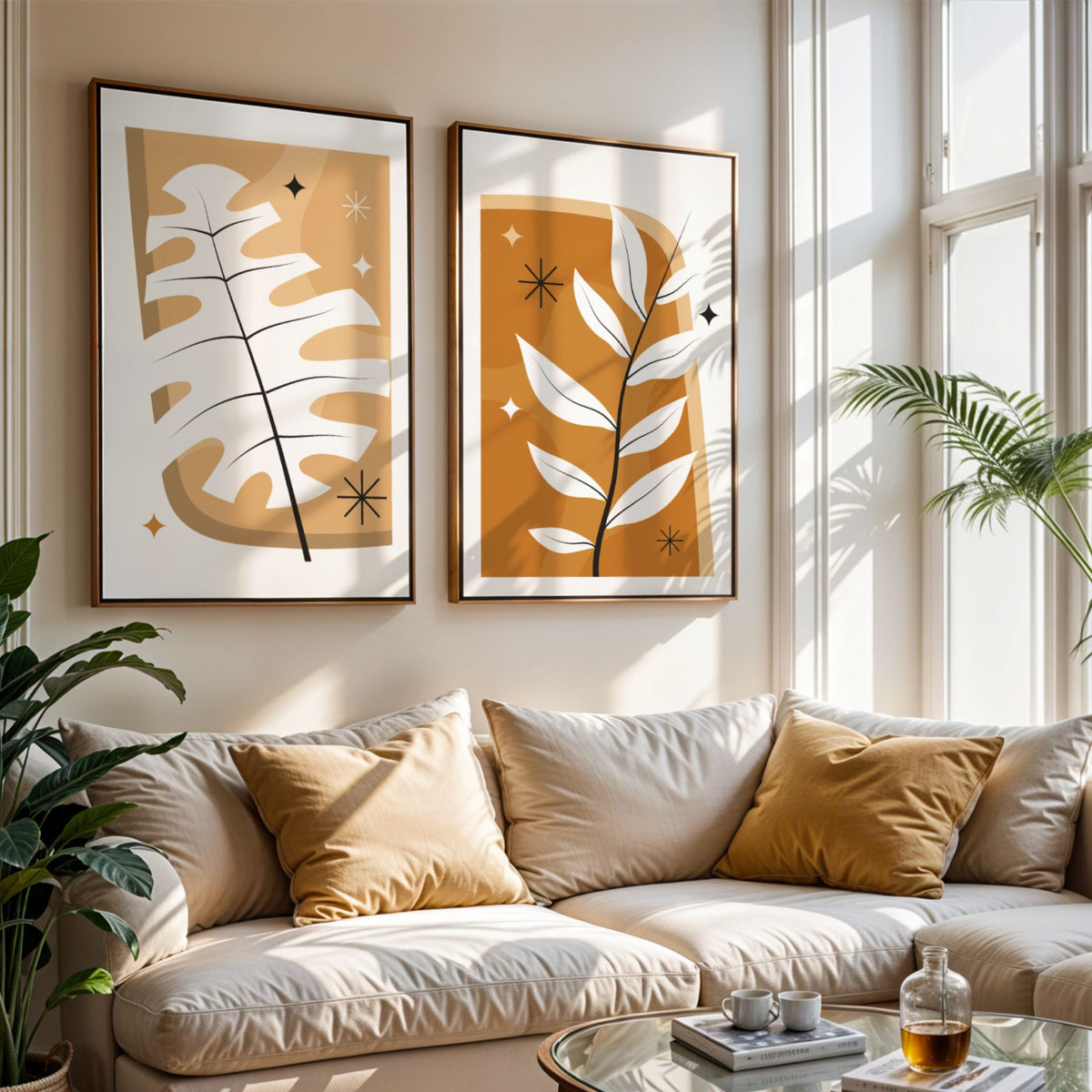 Monstera Glow og Golden Branch botanisk plakatduo i lys stue med varme okertoner og grønne planter