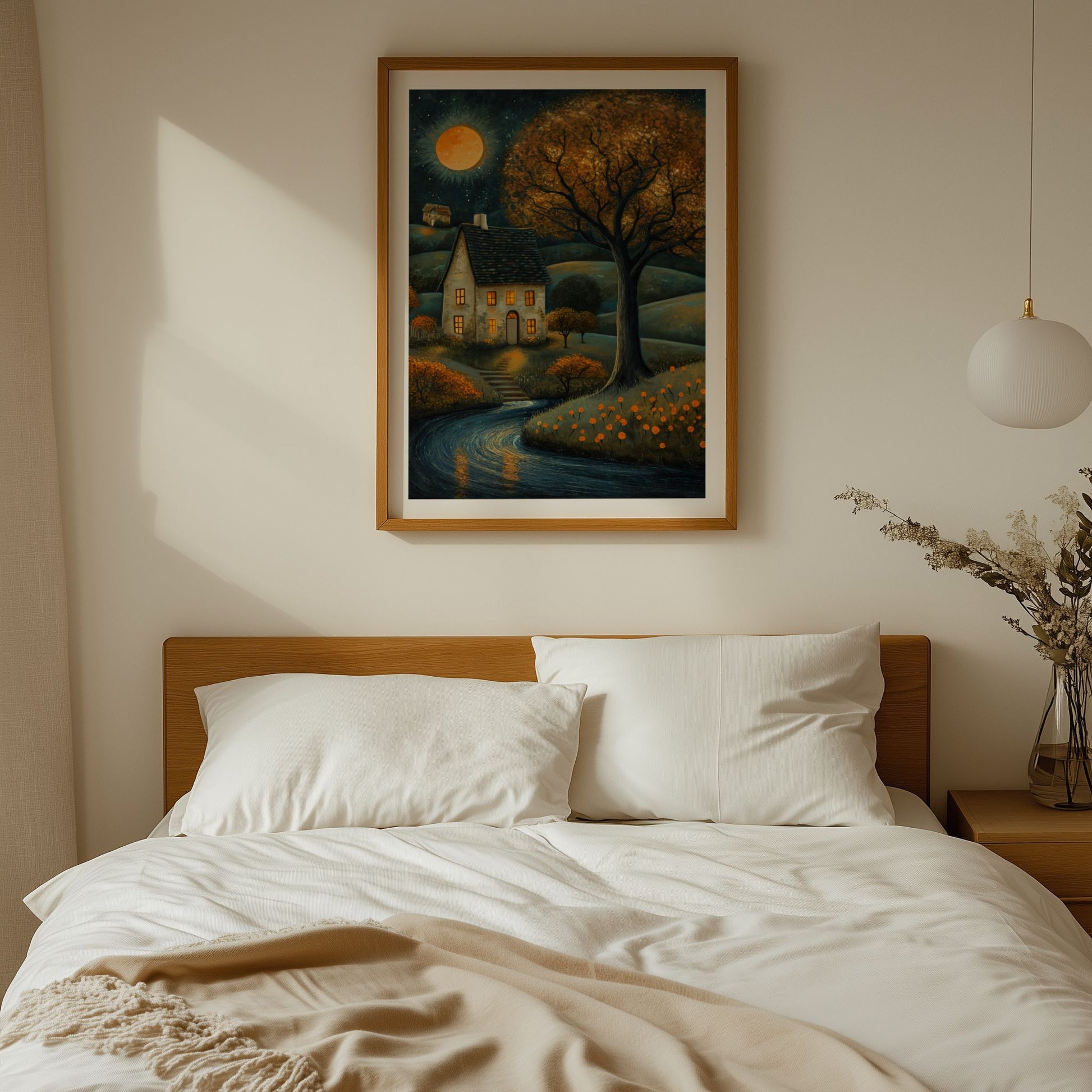 Kunstplakat Moonlit Autumn Cottage – stemningsfullt høstmotiv med lite hus, stort tre, elv og gyllen måne. Illustrasjon viser motivet som plakat med hvit kantlinje.