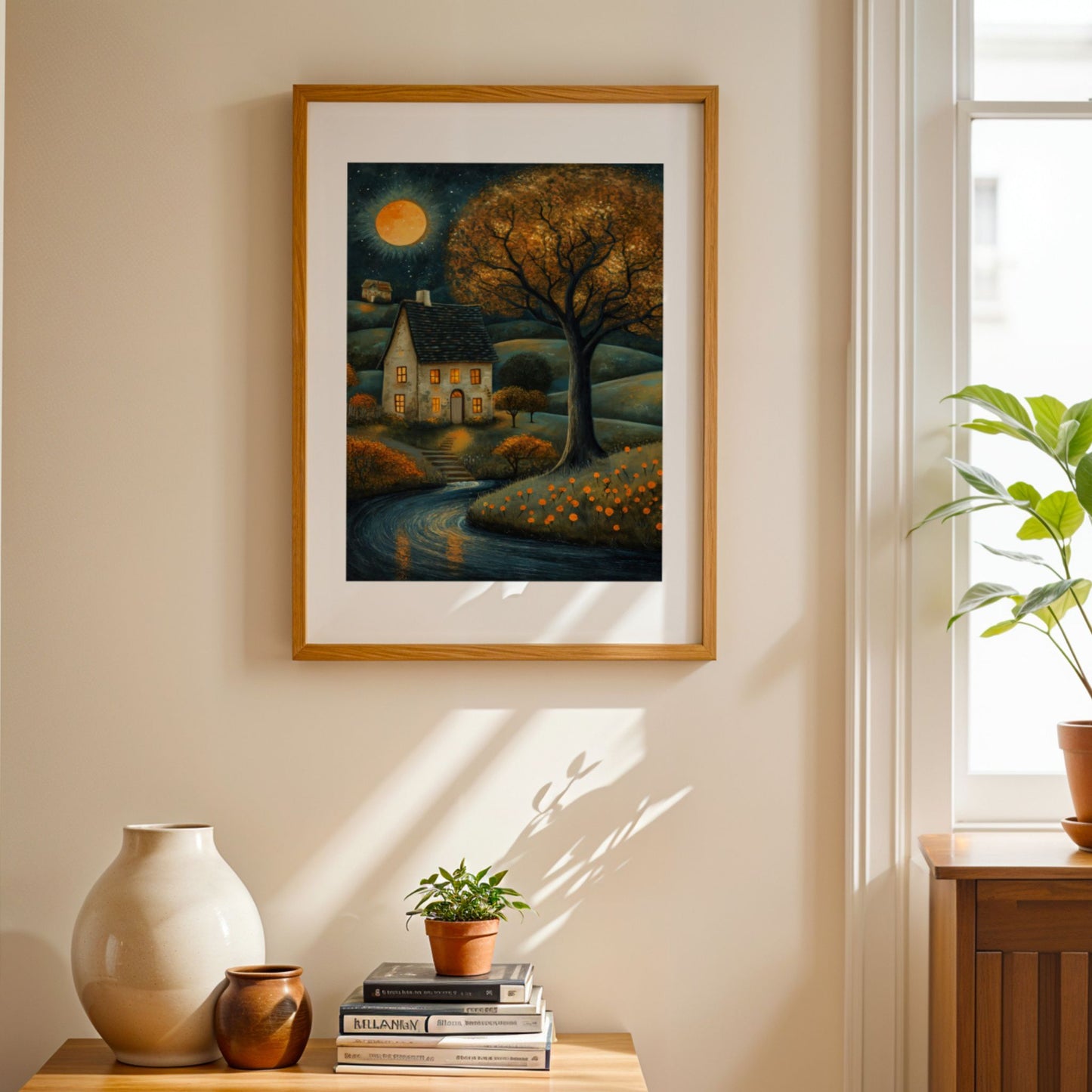 Kunstplakat Moonlit Autumn Cottage – stemningsfullt høstmotiv med lite hus, stort tre, elv og gyllen måne. Illustrasjon viser motivet som plakat med passepartout i eik ramme.