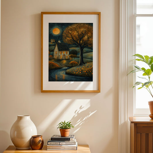 Kunstplakat Moonlit Autumn Cottage – stemningsfullt høstmotiv med lite hus, stort tre, elv og gyllen måne. Illustrasjon viser motivet som plakat med passepartout i eik ramme.