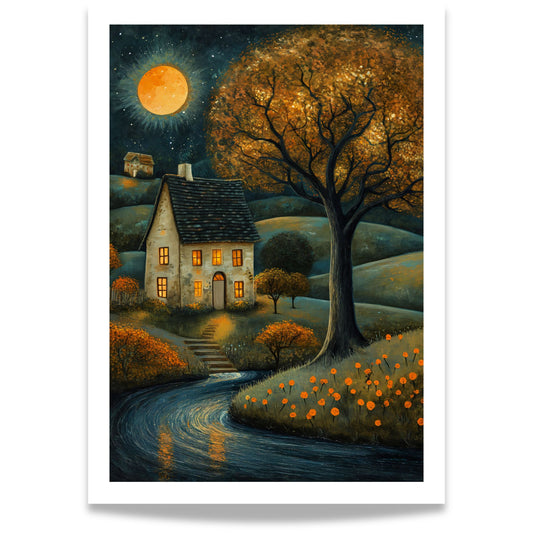 Kunstplakat Moonlit Autumn Cottage – stemningsfullt høstmotiv med lite hus, stort tre, elv og gyllen måne