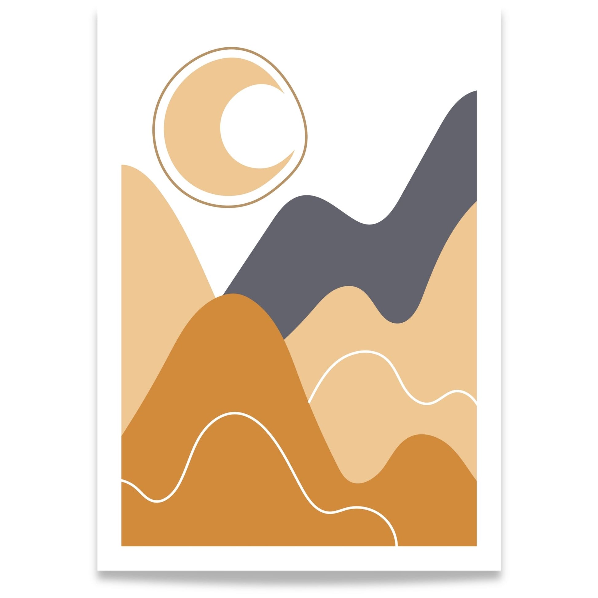 Moonlit Hills grafisk Boho Wall Art-plakat med stilisert måne og abstrakt landskap i varme jordtoner