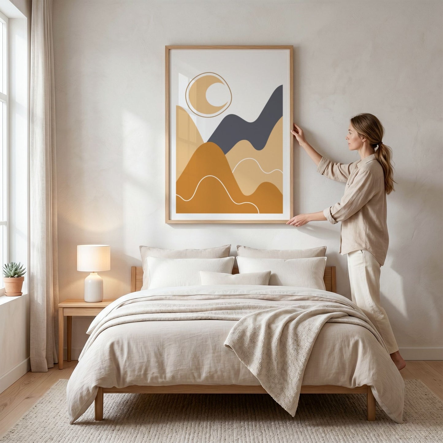 Moonlit Hills Boho Wall Art-plakat med stilisert måne i eikeramme over seng
