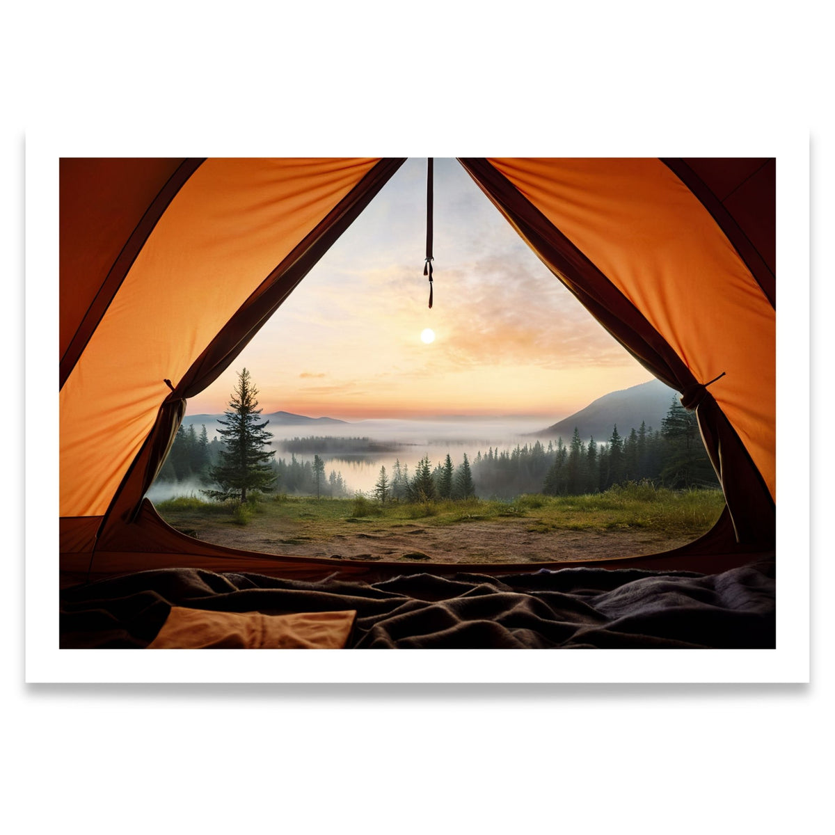 Morning View jakt- og villmarksmotiv med utsikt fra telt mot innsjø, skog og soloppgang.