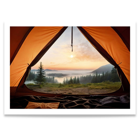 Morning View jakt- og villmarksmotiv med utsikt fra telt mot innsjø, skog og soloppgang.