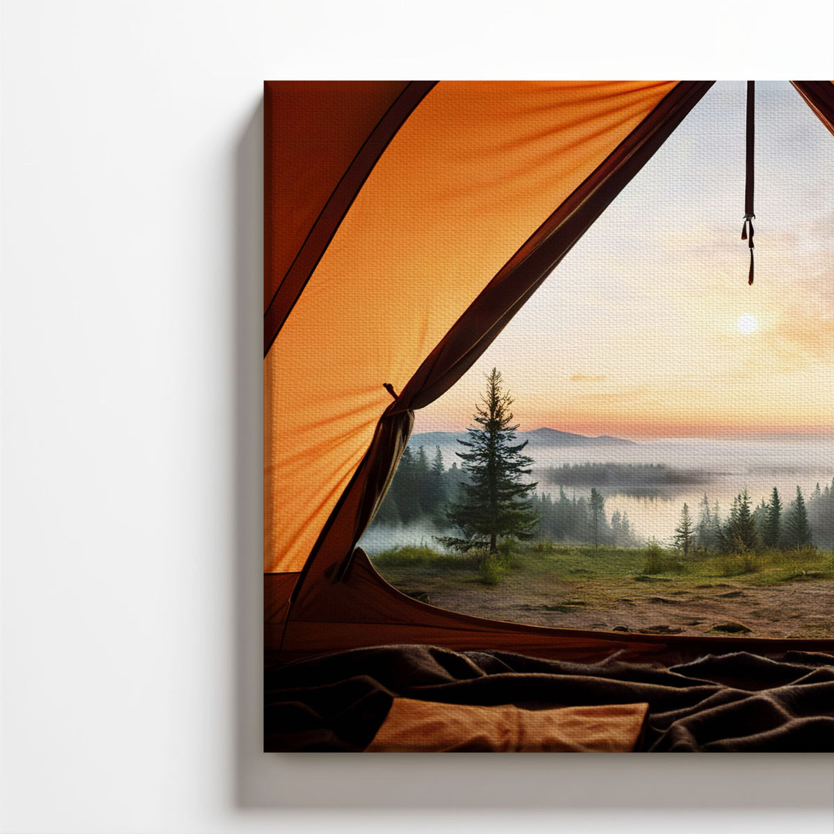 Detalj av Morning View med synlig lerretsstruktur og utsikt fra telt
