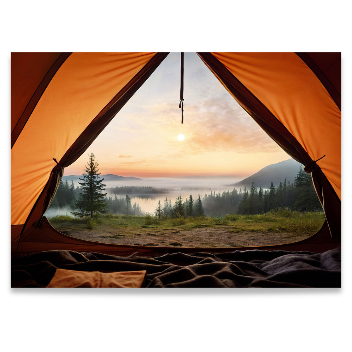 Morning View – lerretsbilde med utsikt fra telt mot skog, vann og fjell