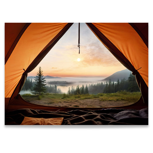 Morning View – lerretsbilde med utsikt fra telt mot skog, vann og fjell