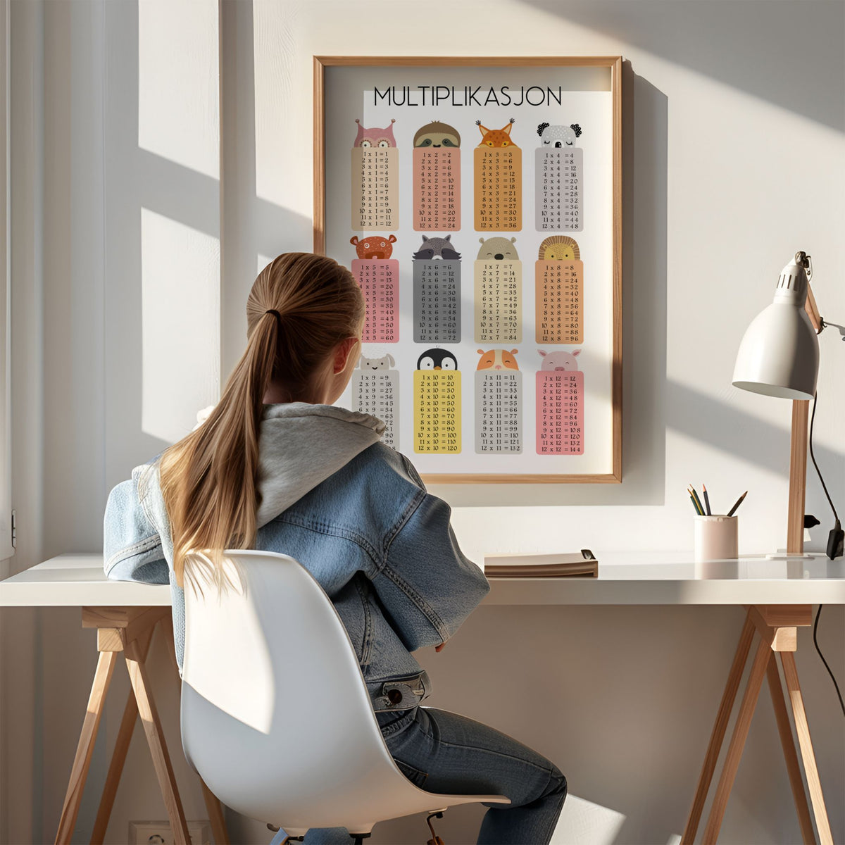Jente ved skrivebord med innrammet multiplikasjonsplakat 1–12 på veggen i en lys leksekrok.