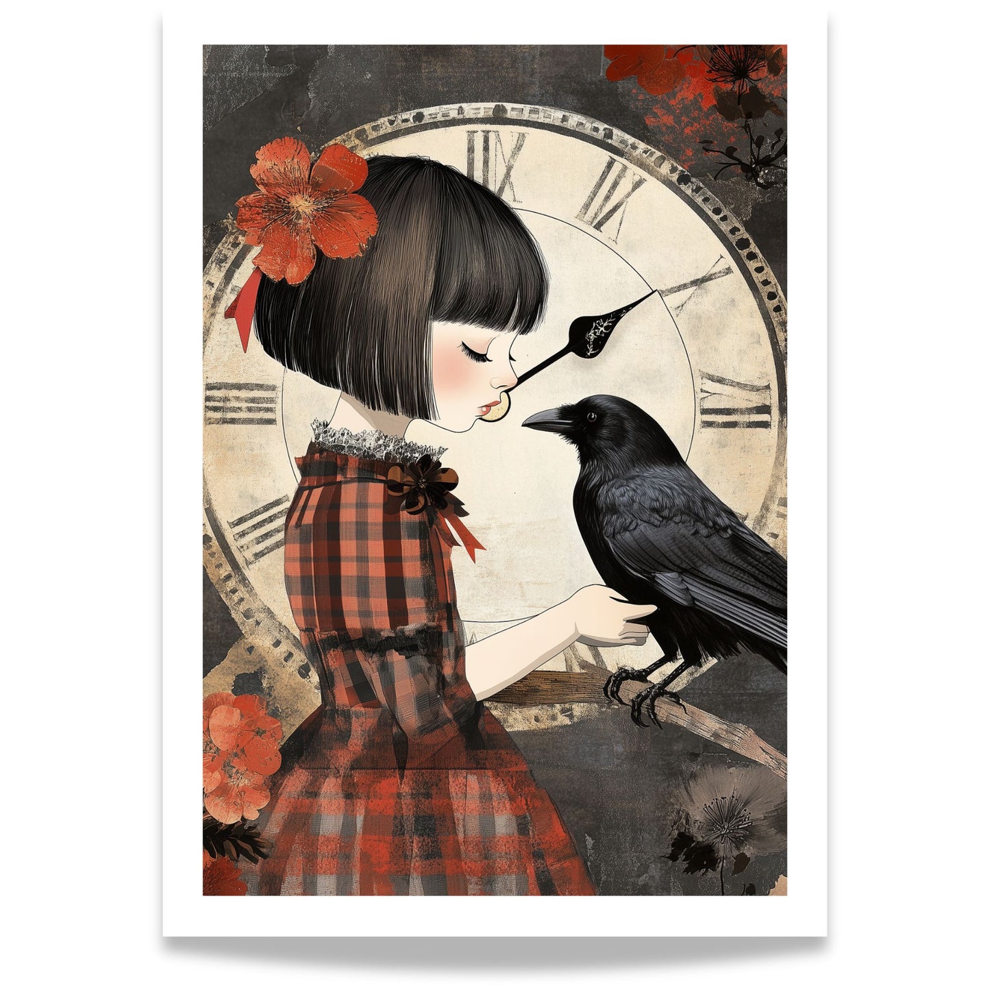 Grafisk kunstplakat av jente i rutete kjole med en ravn foran en stor antikk klokke – vintageinspirert motiv med varme toner og poetisk uttrykk.