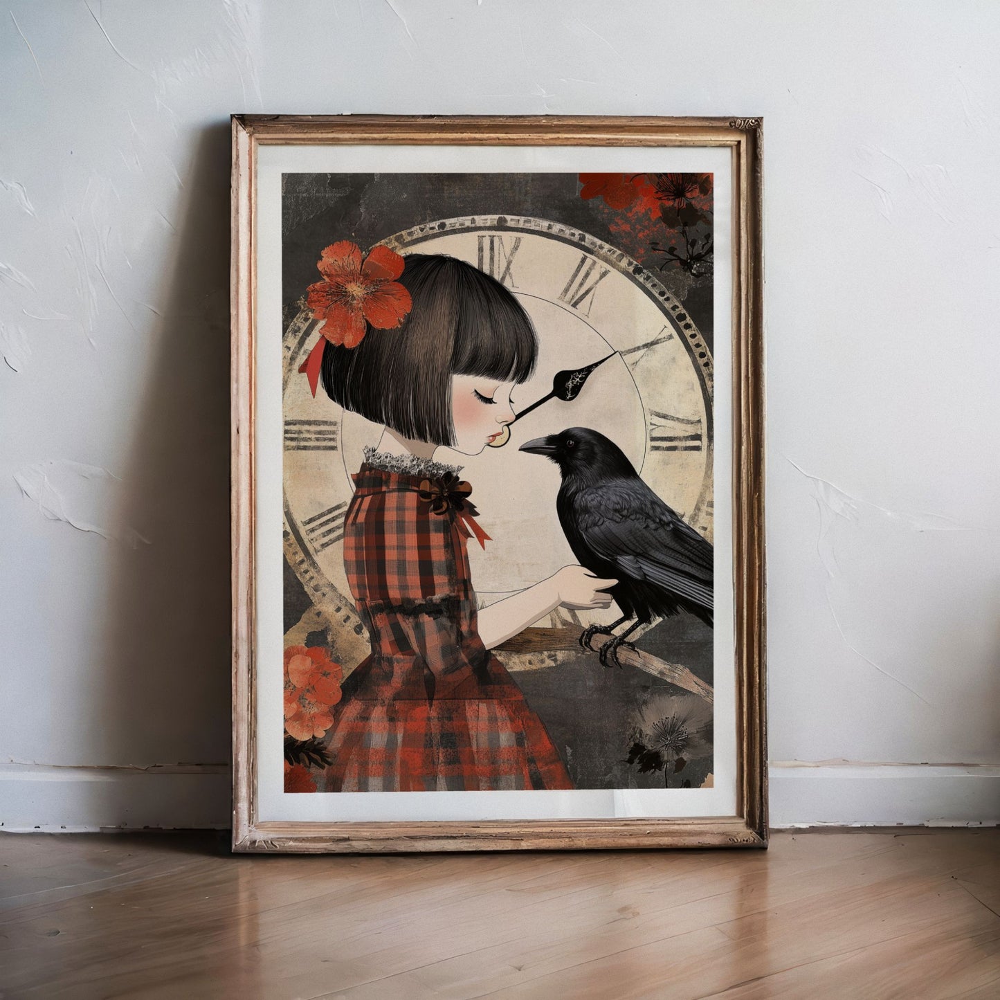 Grafisk kunstplakat av jente i rutete kjole med en ravn foran en stor antikk klokke – vintageinspirert motiv med varme toner og poetisk uttrykk. Illustrasjon viser plakat med hvit kant i sort ramme.