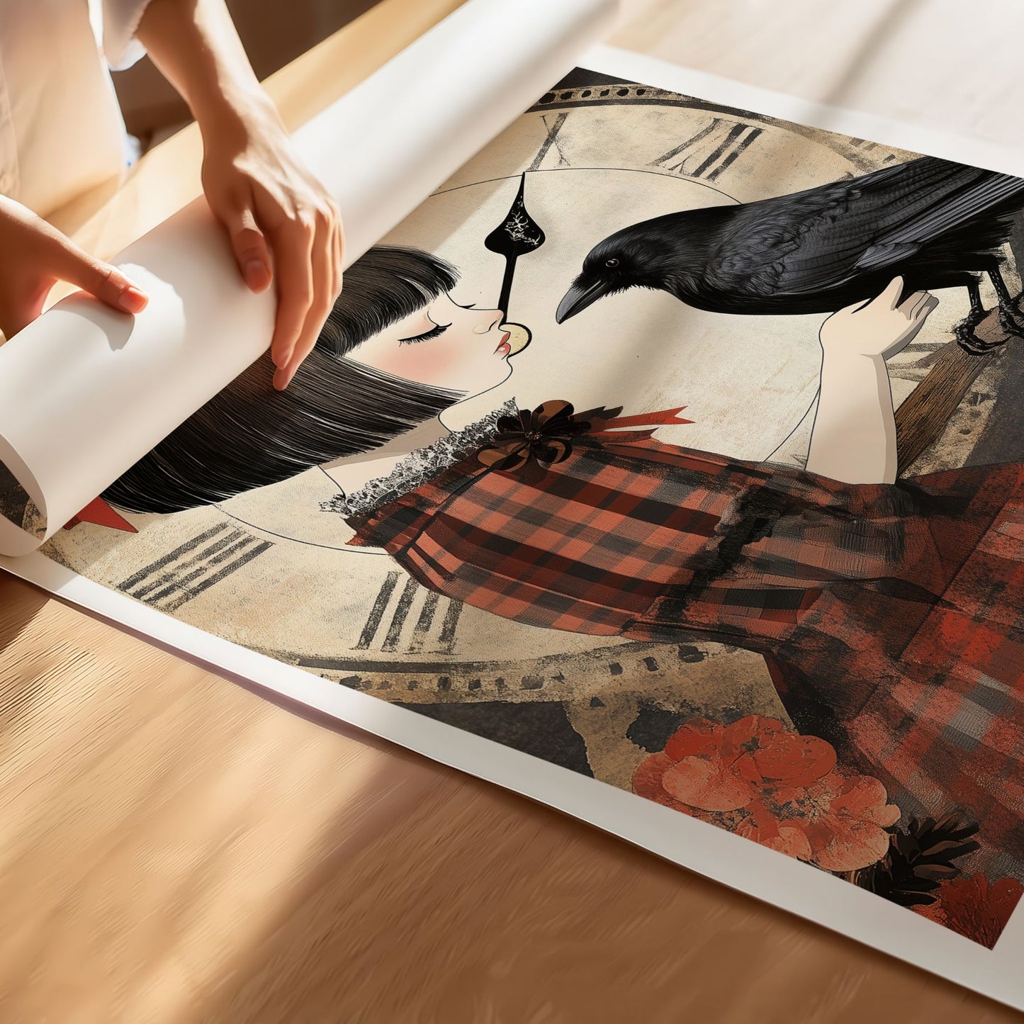 Grafisk kunstplakat av jente i rutete kjole med en ravn foran en stor antikk klokke – vintageinspirert motiv med varme toner og poetisk uttrykk. Illustrasjon viser plakat på print.
