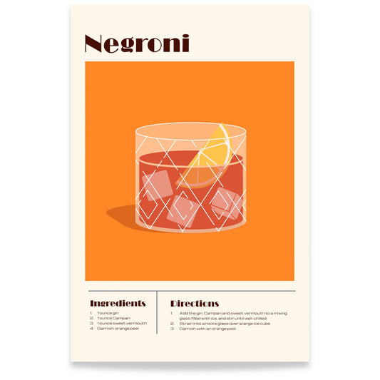 Negroni cocktail plakat med oppskrift i stilrent grafisk design