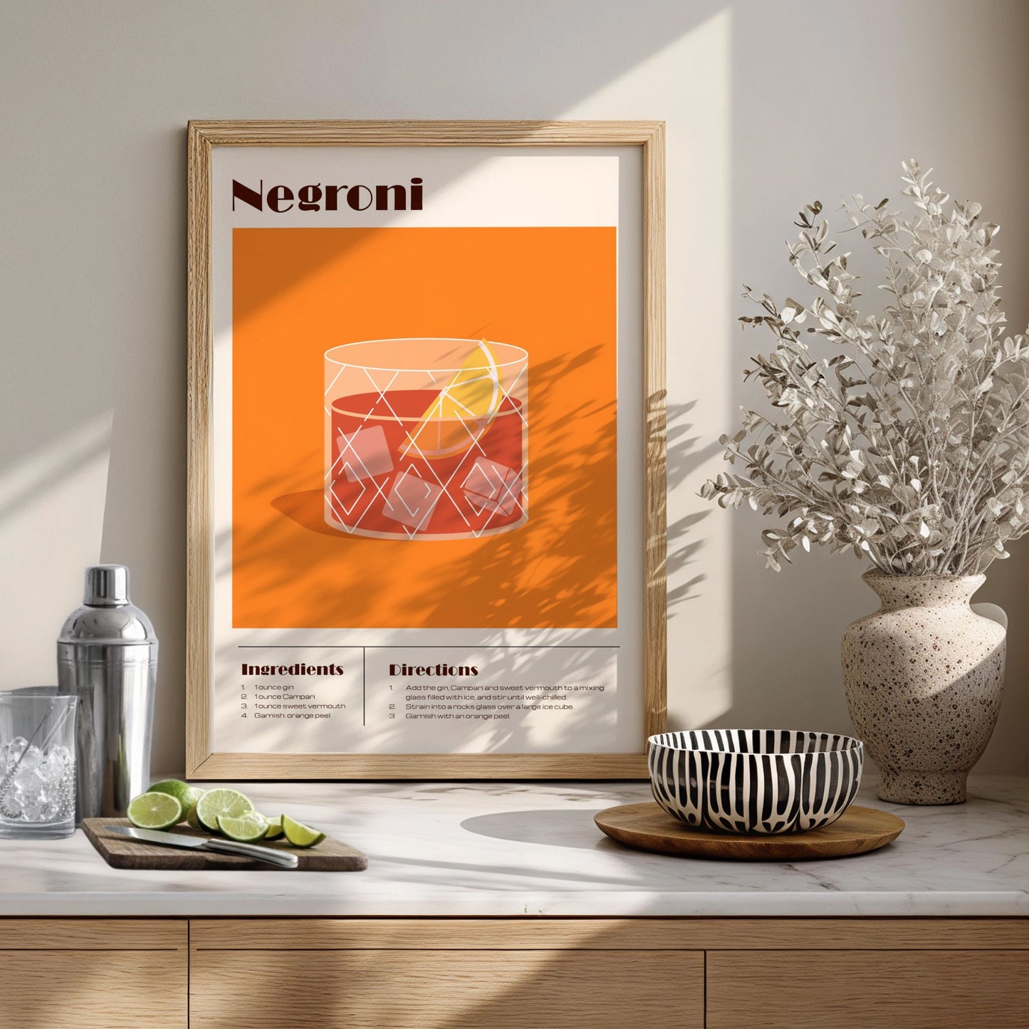 Negroni cocktail plakat med oppskrift på kjøkkenbenk – perfekt til barområde og kjøkken