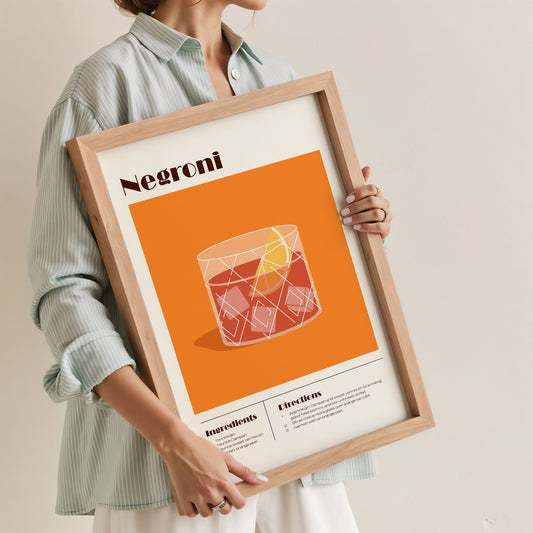 Negroni plakat med oppskrift holdt i ramme – stilren cocktailplakat til vegg