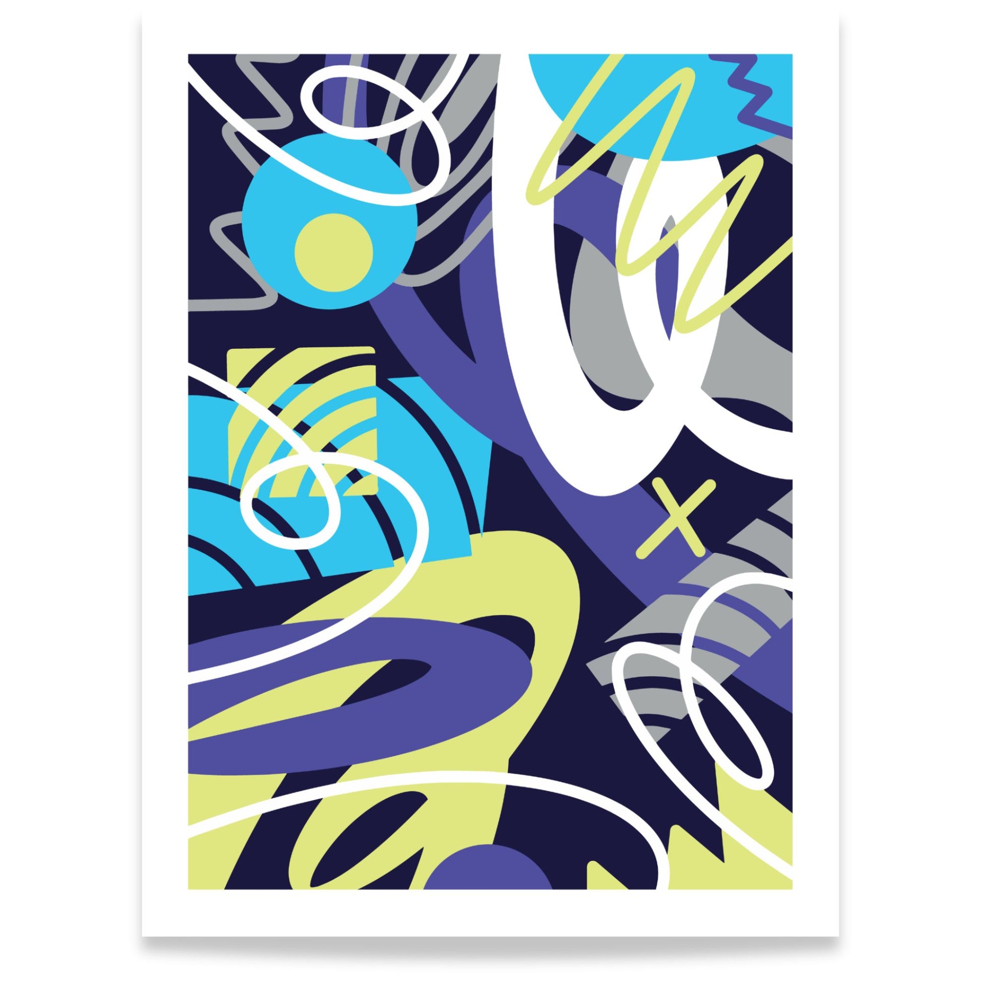 Neon Orbit abstrakt grafisk plakat med organiske linjer og geometriske former i blått, lilla og lime 30x40