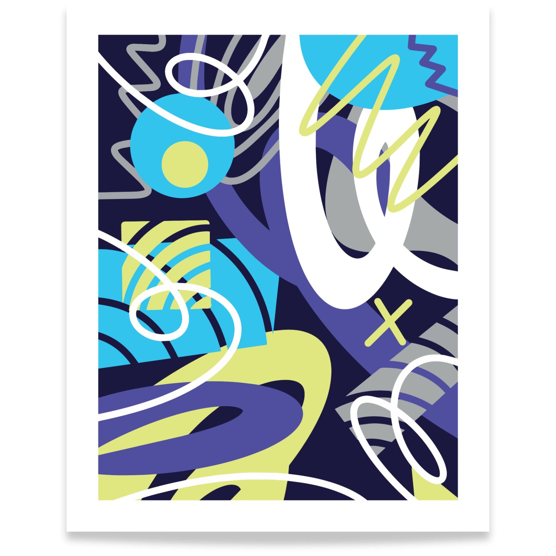 Neon Orbit abstrakt grafisk plakat med organiske linjer og geometriske former i blått, lilla og lime 40x50