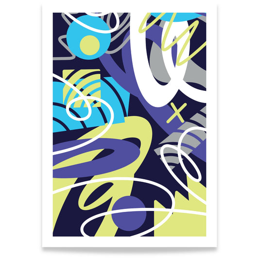 Neon Orbit abstrakt grafisk plakat med organiske linjer og geometriske former i blått, lilla og lime 50x70