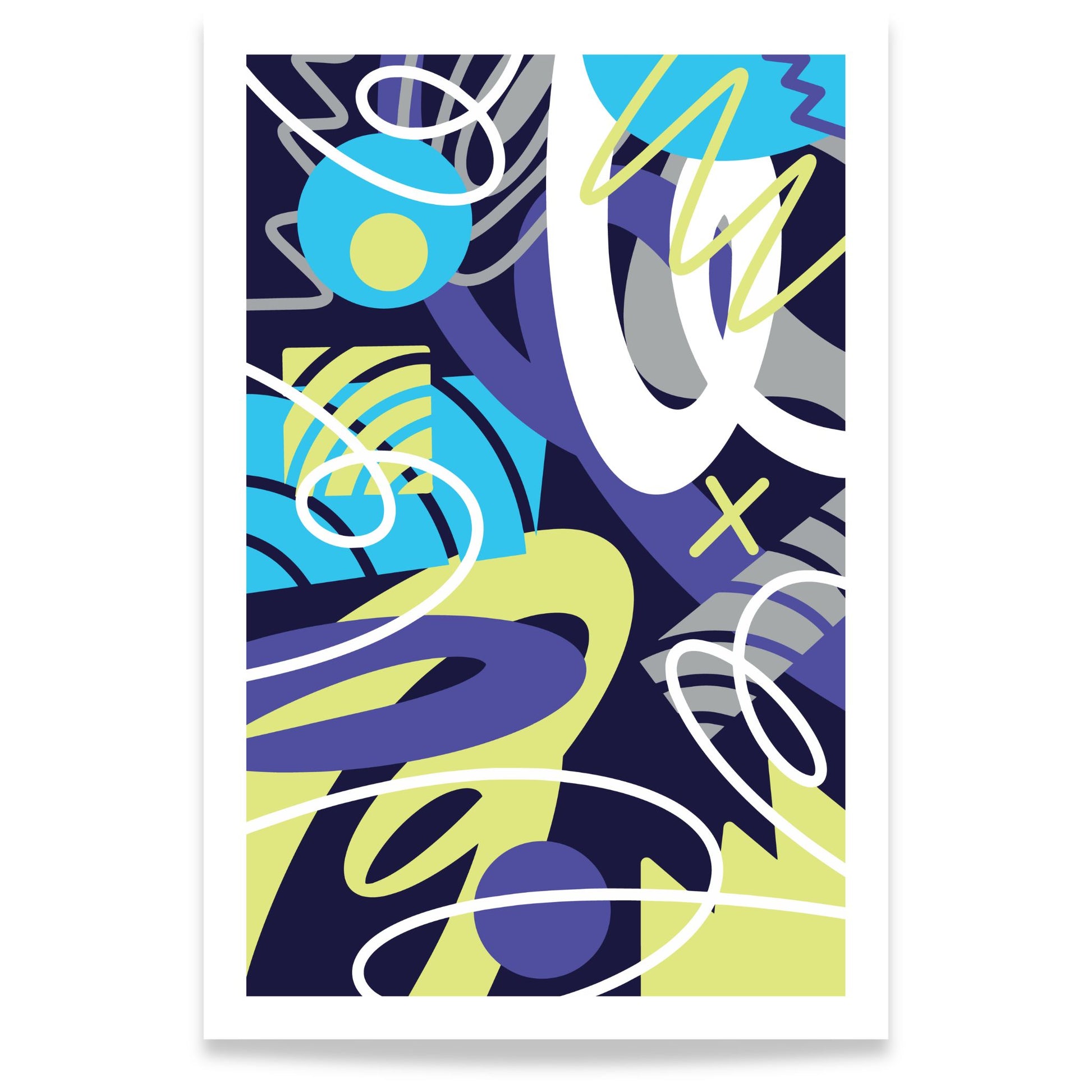 Neon Orbit abstrakt grafisk plakat med organiske linjer og geometriske former i blått, lilla og lime 80x120