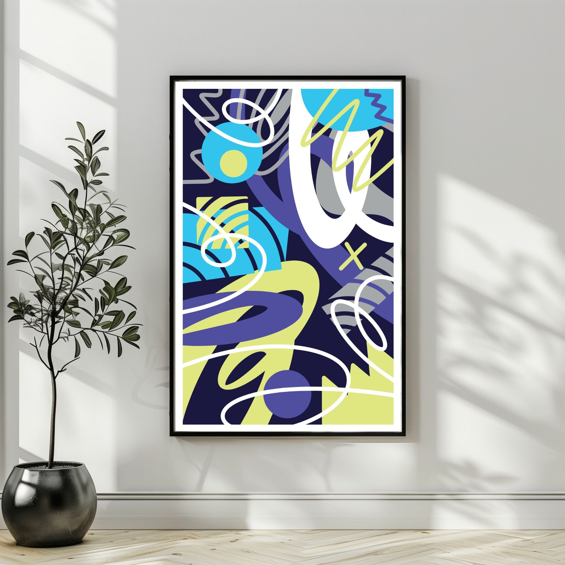 Neon Orbit abstrakt veggkunst i sort ramme med grafiske former og moderne uttrykk