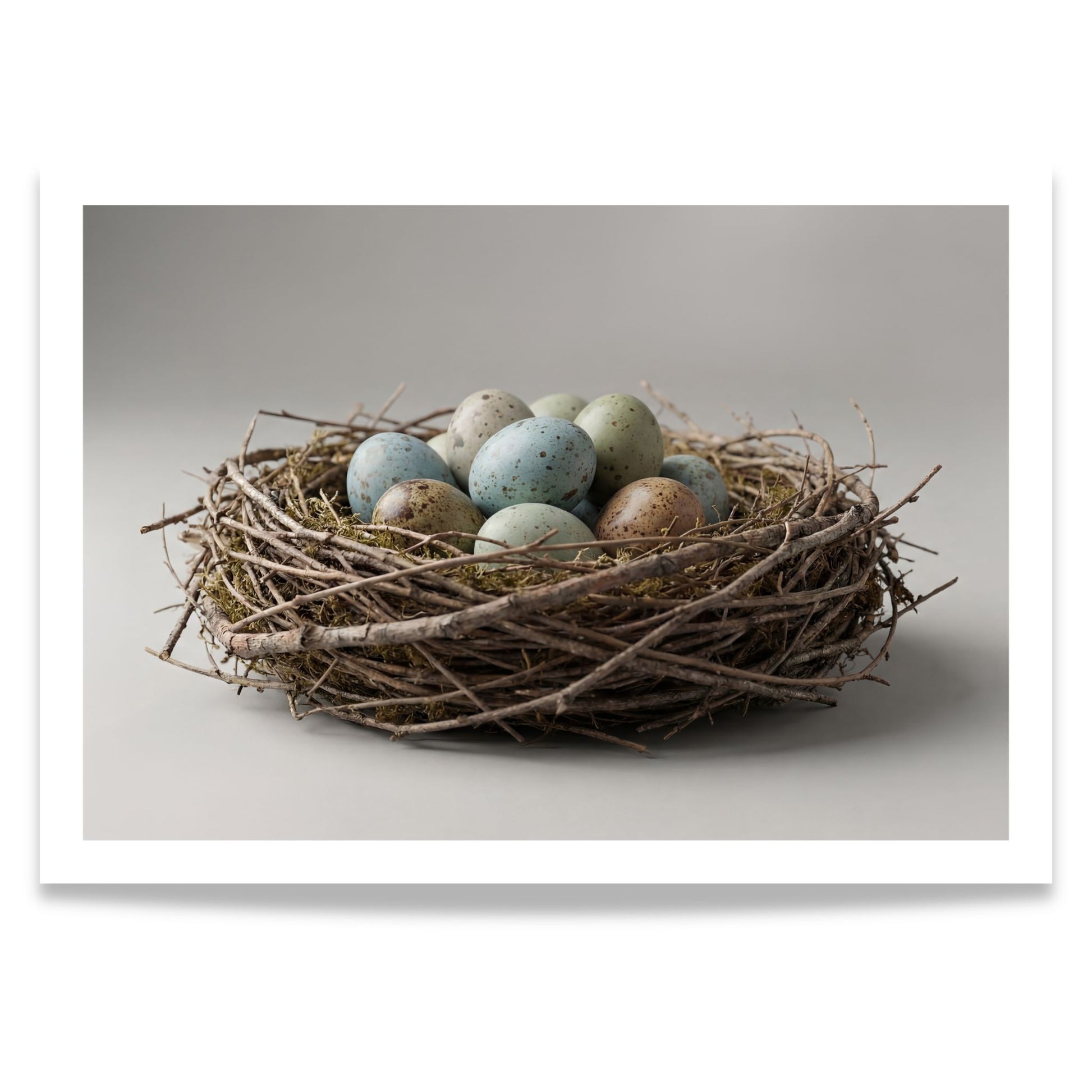 Horisontal påskeplakat med rede og spraglete egg mot nøytral bakgrunn