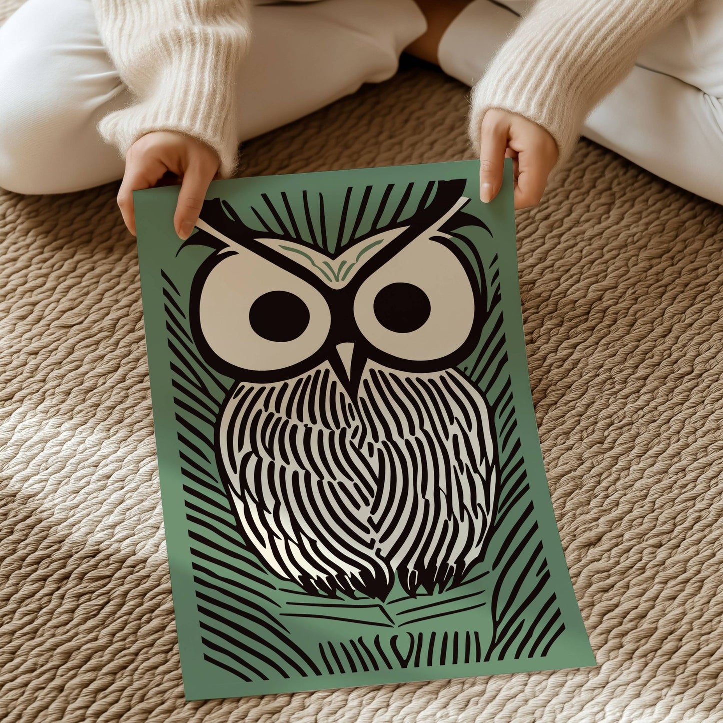 Night Owl kunstplakat med stilisert uglemotiv og grafiske linjer.