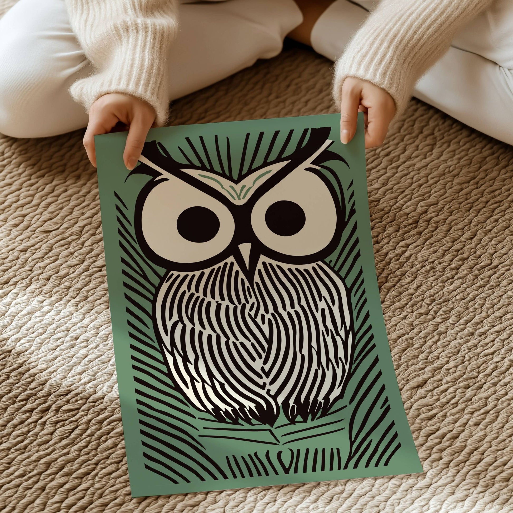Night Owl kunstplakat med stilisert uglemotiv og grafiske linjer.