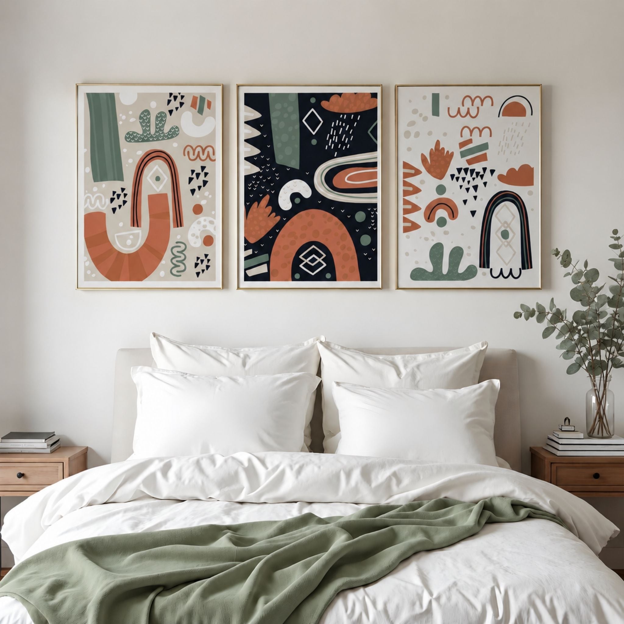 Playful Arch, Midnight Rhythm og Open Rhythm fra Nordic Abstractions i lyse trerammer
