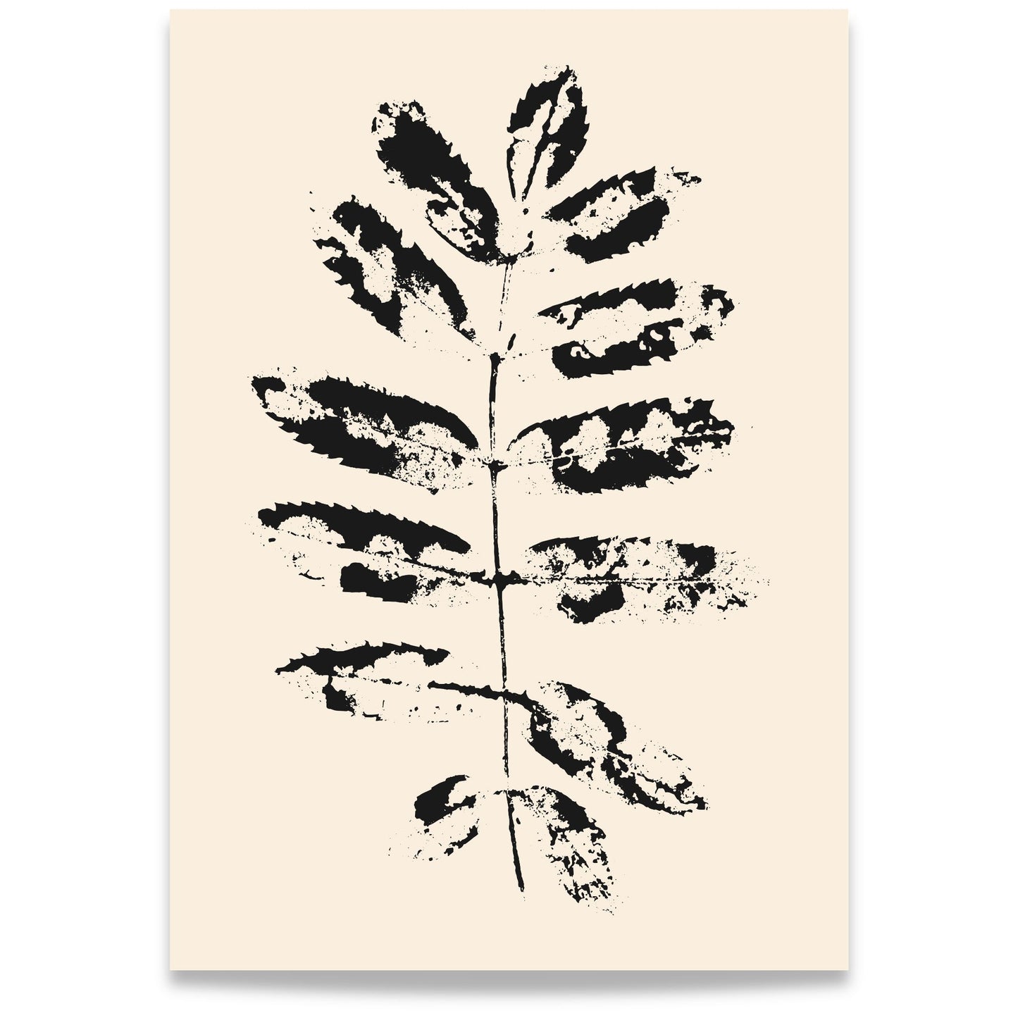 Nordic Botanical No1 – minimalistisk botanisk plakat med grafisk bladmotiv i sort på kremfarget bakgrunn.