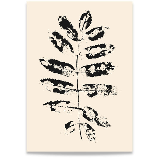 Nordic Botanical No1 – minimalistisk botanisk plakat med grafisk bladmotiv i sort på kremfarget bakgrunn.