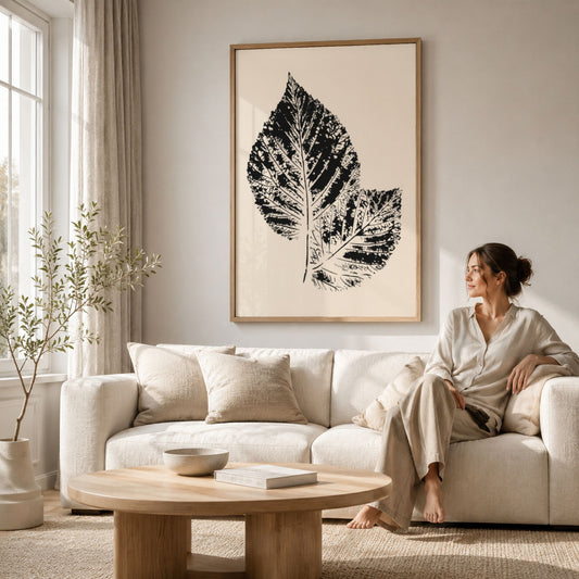 Nordic Botanical No2 som stor botanisk plakat over sofa i lys, skandinavisk stue.