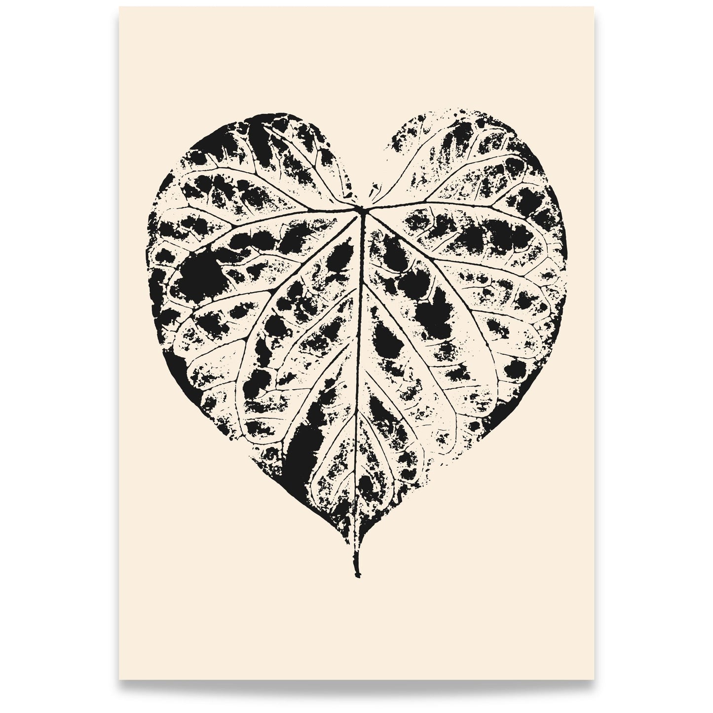 Nordic Botanical No3 botanisk plakat med grafisk hjerteformet blad i sort på varm beige bakgrunn.