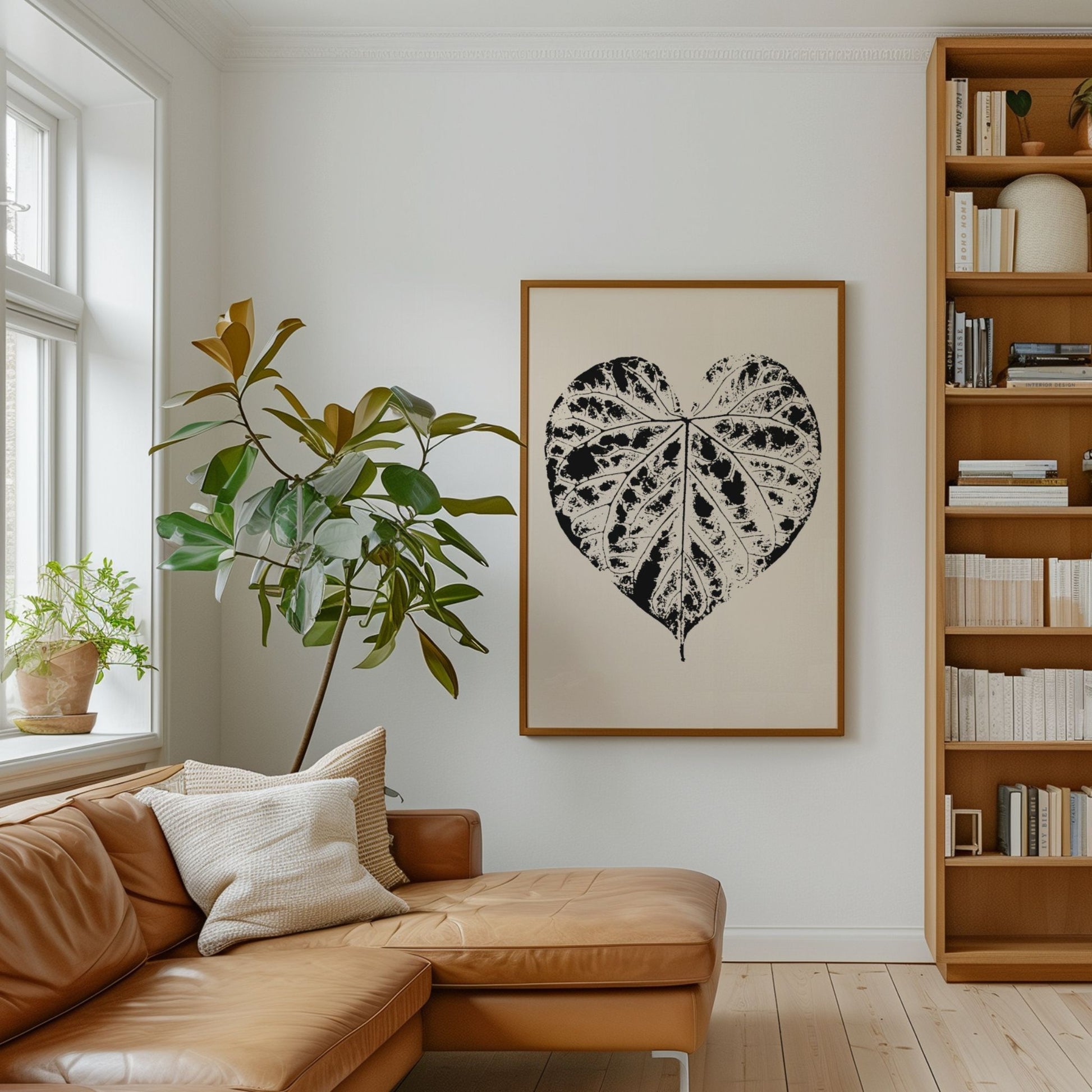 Nordic Botanical No3 botanisk plakat på vegg i moderne stue med skinnsofa og grønne planter.