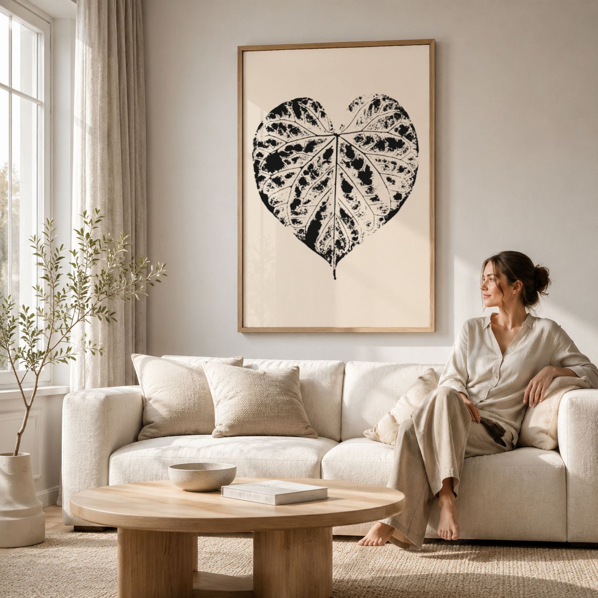 Nordic Botanical No3 botanisk plakat i eikeramme over lys sofa i skandinavisk stue.