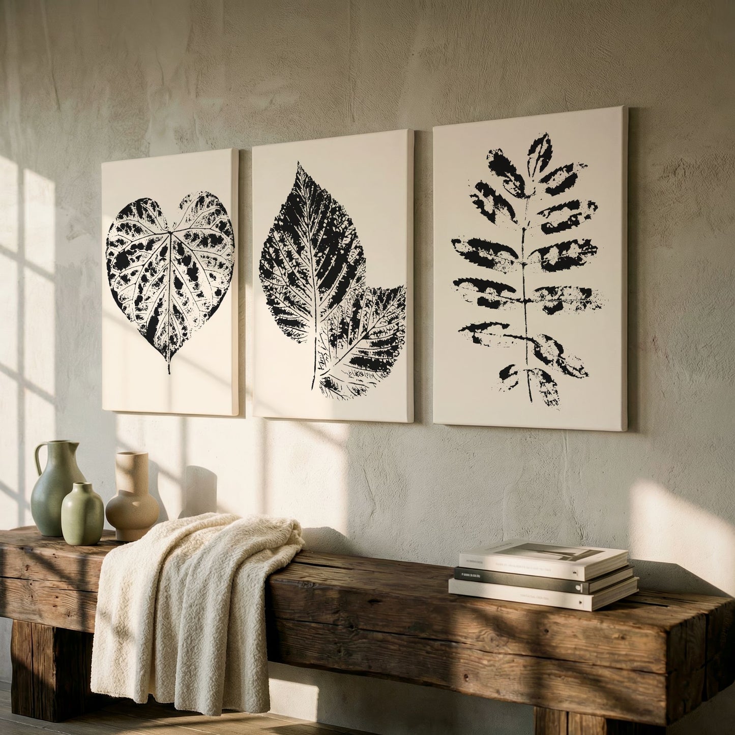 Nordic Botanical Trio som lerretsbilder i et moderne, rustikt interiør.