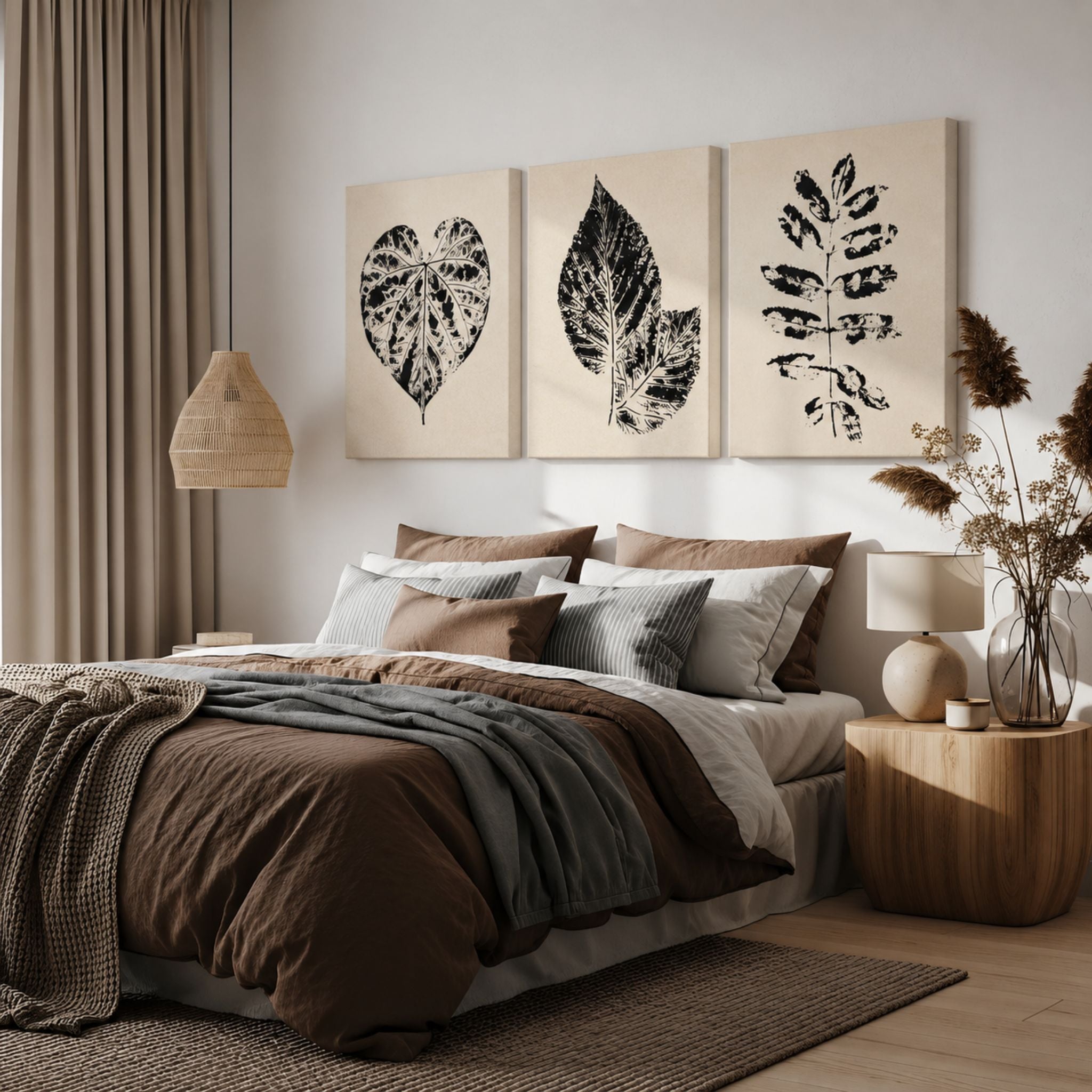 Nordic Botanical Trio som lerretsbilder over seng i lyst skandinavisk soverom.