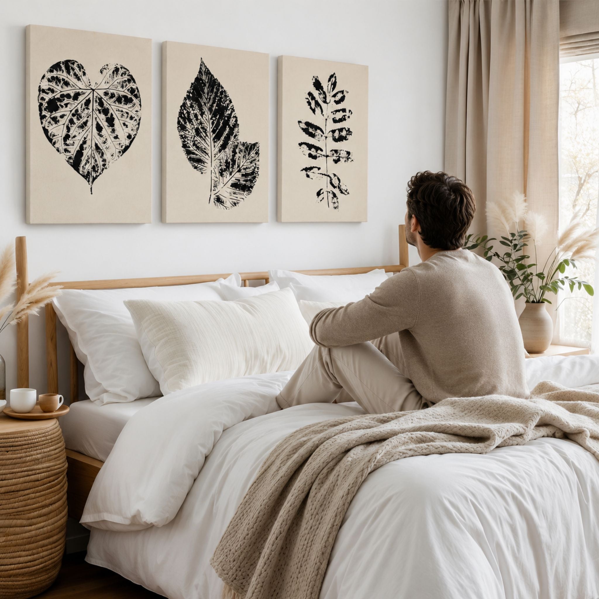 Nordic Botanical Trio på lerret over seng med person som betrakter de botaniske motivene.