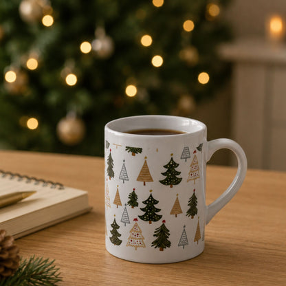 Stemningsfullt julekrus med nordiske juletrær på trebord foran juletre i bakgrunnen